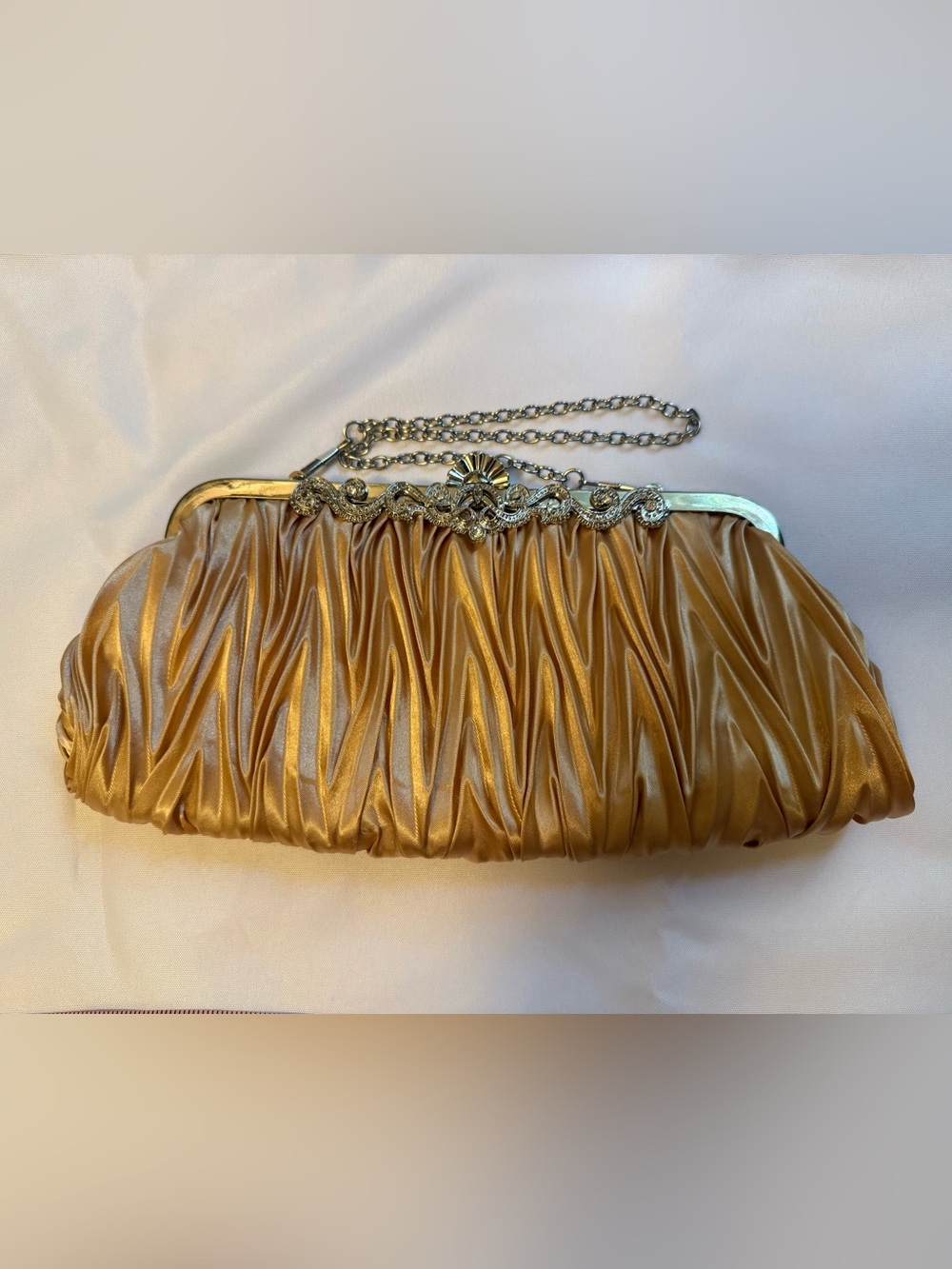 Gold Satin Evening Clutch with Rhinestone Detail